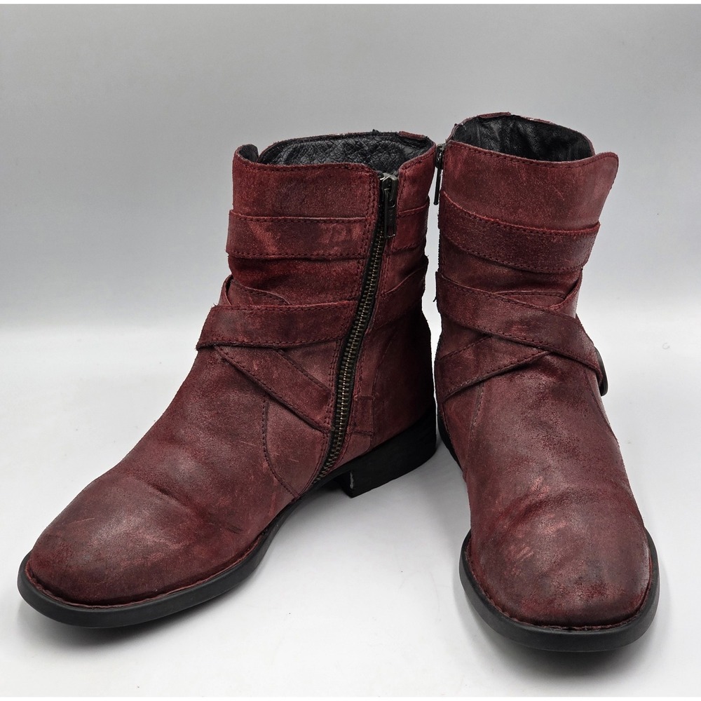 Born McMillan Womens 8M Red Distressed Leather Moto Ankle Boots Buckle - Picture 6 of 12